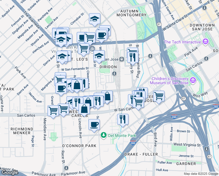 map of restaurants, bars, coffee shops, grocery stores, and more near 782 Park Avenue in San Jose