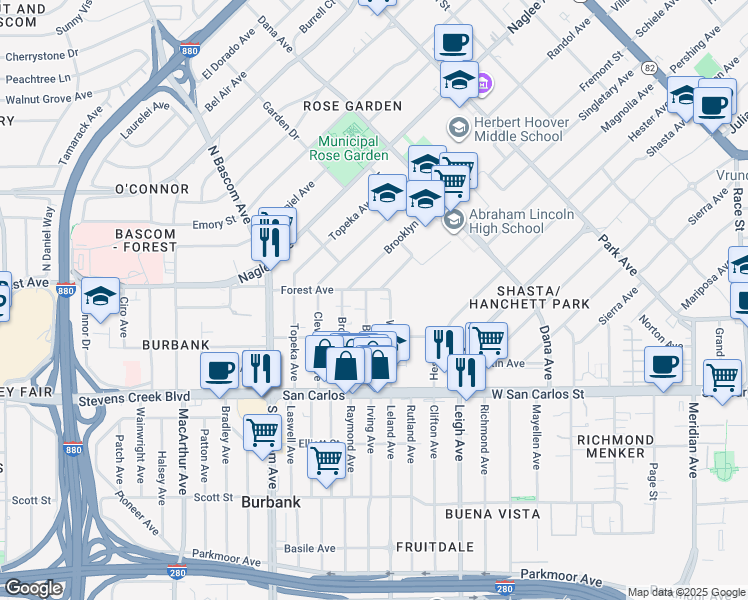map of restaurants, bars, coffee shops, grocery stores, and more near 128 Boston Avenue in San Jose