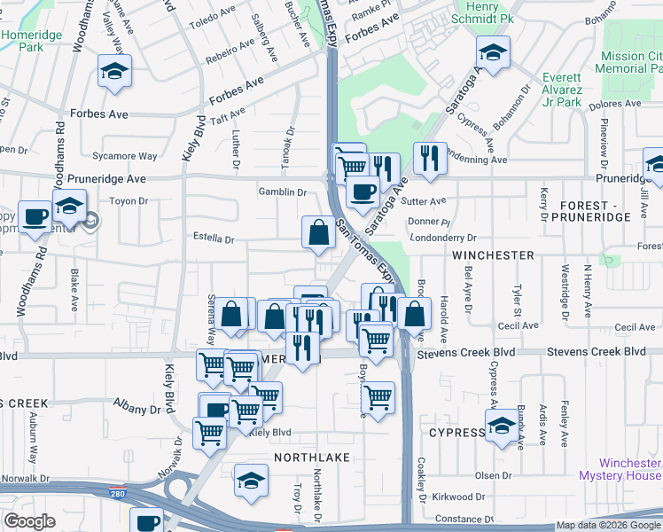 map of restaurants, bars, coffee shops, grocery stores, and more near 122 Saratoga Avenue in Santa Clara