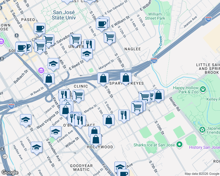 map of restaurants, bars, coffee shops, grocery stores, and more near 853 South 7th Street in San Jose