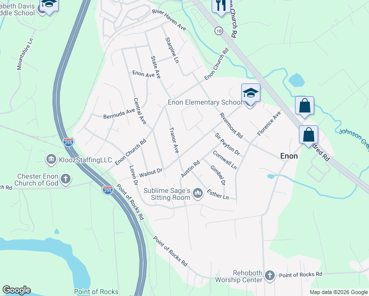 map of restaurants, bars, coffee shops, grocery stores, and more near 1501 Walnut Drive in Chester