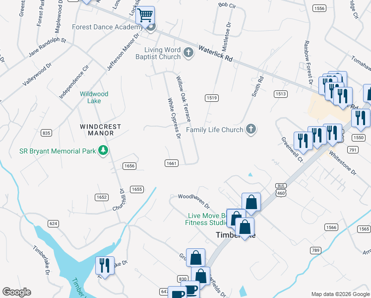 map of restaurants, bars, coffee shops, grocery stores, and more near 418 County Road 1663 in Forest