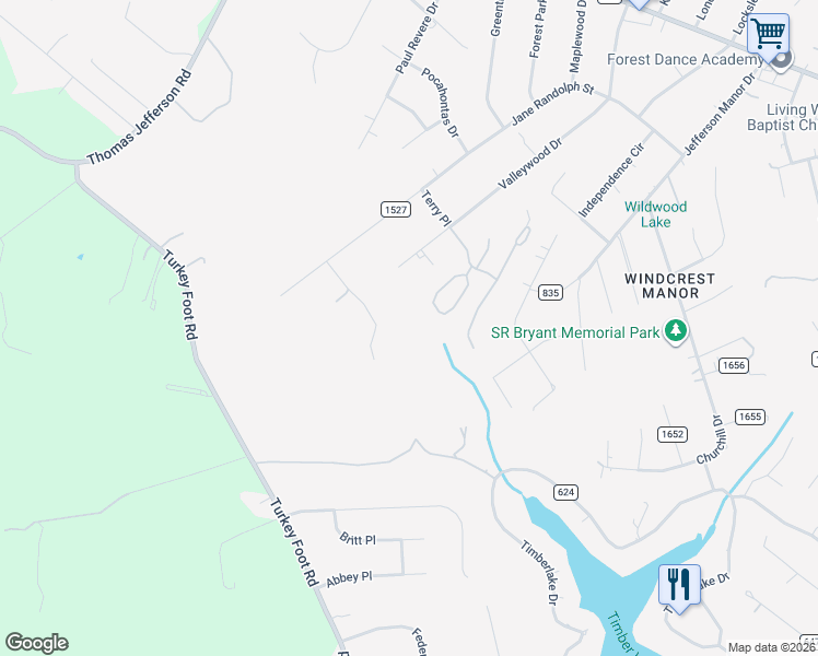 map of restaurants, bars, coffee shops, grocery stores, and more near 115 Tyler Terrace in Forest