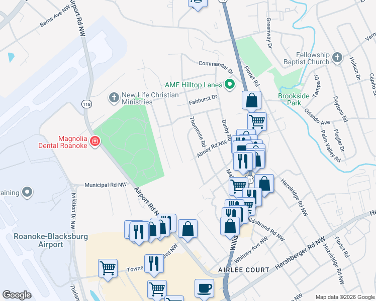 map of restaurants, bars, coffee shops, grocery stores, and more near 5709 Sierra Drive Northwest in Roanoke