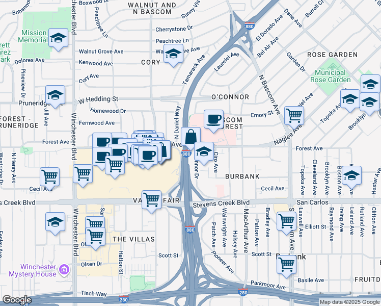 map of restaurants, bars, coffee shops, grocery stores, and more near 333 Oconnor Drive in San Jose