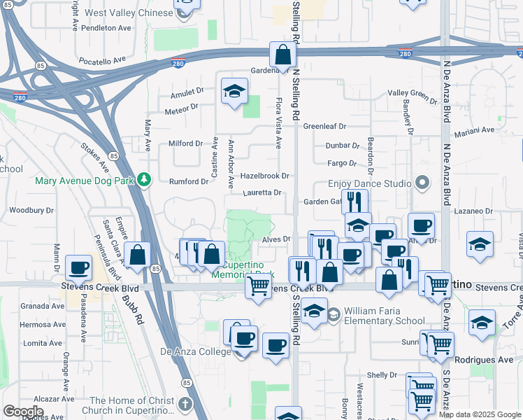 map of restaurants, bars, coffee shops, grocery stores, and more near 21073 Christensen Drive in Cupertino