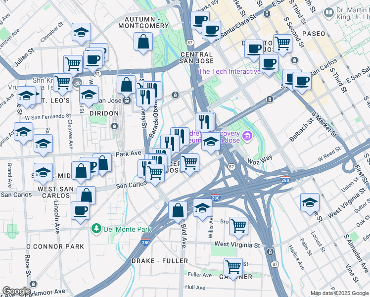 map of restaurants, bars, coffee shops, grocery stores, and more near 478 West San Carlos Street in San Jose
