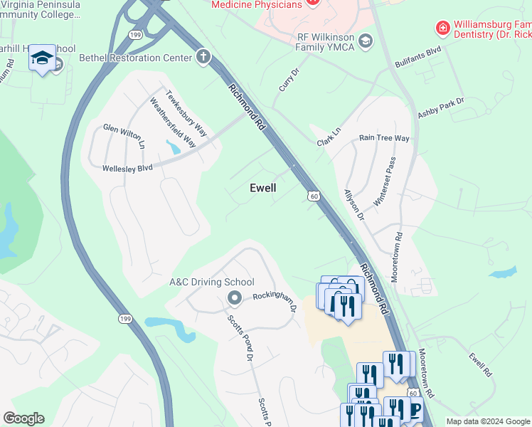 map of restaurants, bars, coffee shops, grocery stores, and more near 139 Neighbor's Drive in Williamsburg
