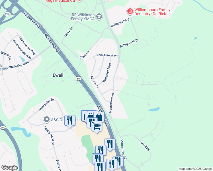 map of restaurants, bars, coffee shops, grocery stores, and more near 109 Winterset Pass in Williamsburg