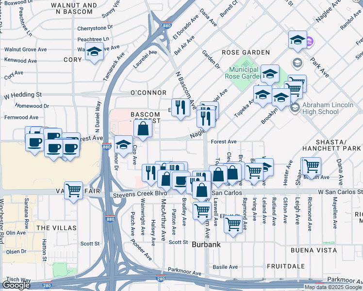 map of restaurants, bars, coffee shops, grocery stores, and more near 2024 Clarmar Way in San Jose