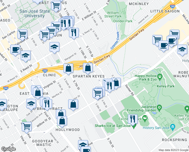 map of restaurants, bars, coffee shops, grocery stores, and more near 907 South 10th Street in San Jose