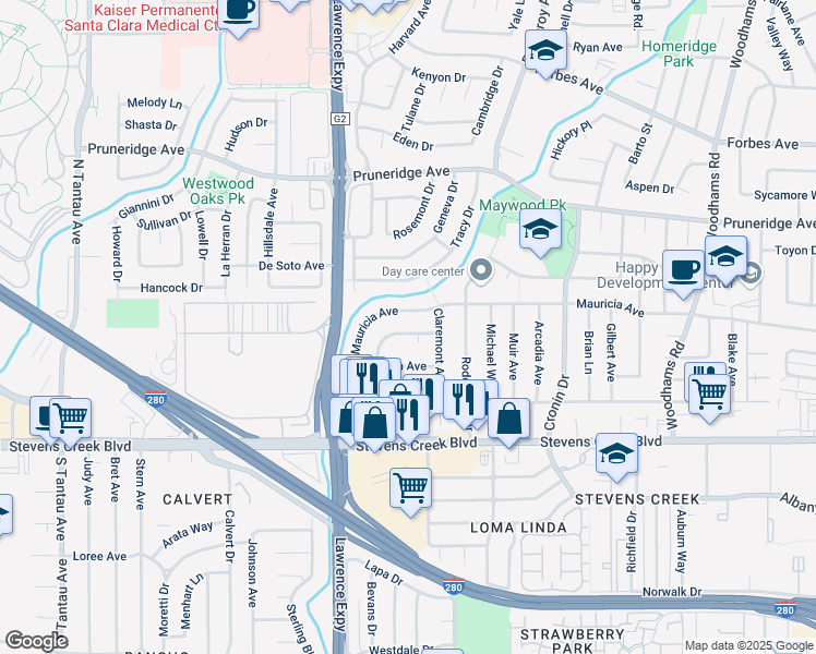 map of restaurants, bars, coffee shops, grocery stores, and more near 3552 Elmhurst Avenue in Santa Clara