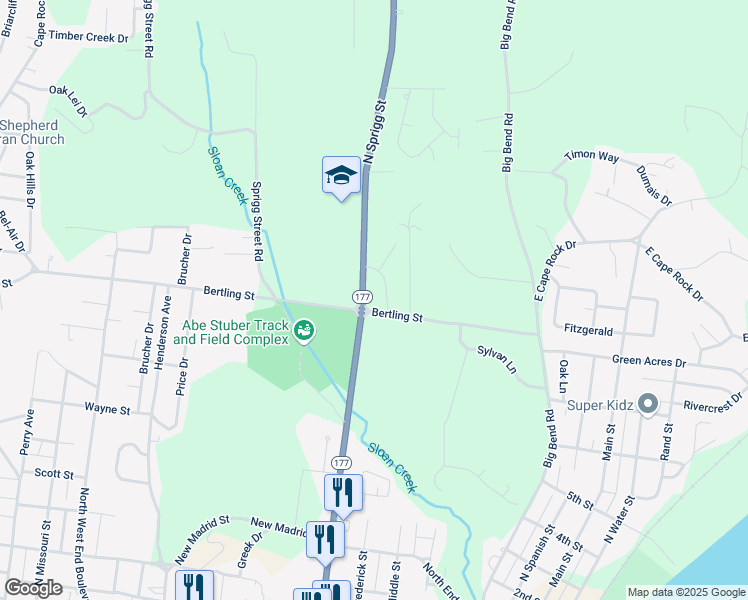 map of restaurants, bars, coffee shops, grocery stores, and more near 1710 North Sprigg Street in Cape Girardeau