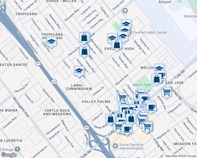 map of restaurants, bars, coffee shops, grocery stores, and more near 1656 Pensacola Drive in San Jose