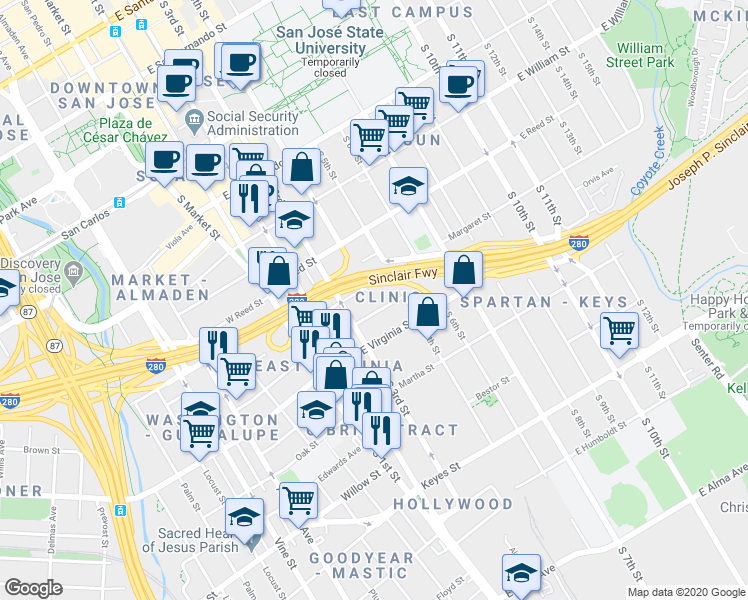 map of restaurants, bars, coffee shops, grocery stores, and more near 754 South 3rd Street in San Jose