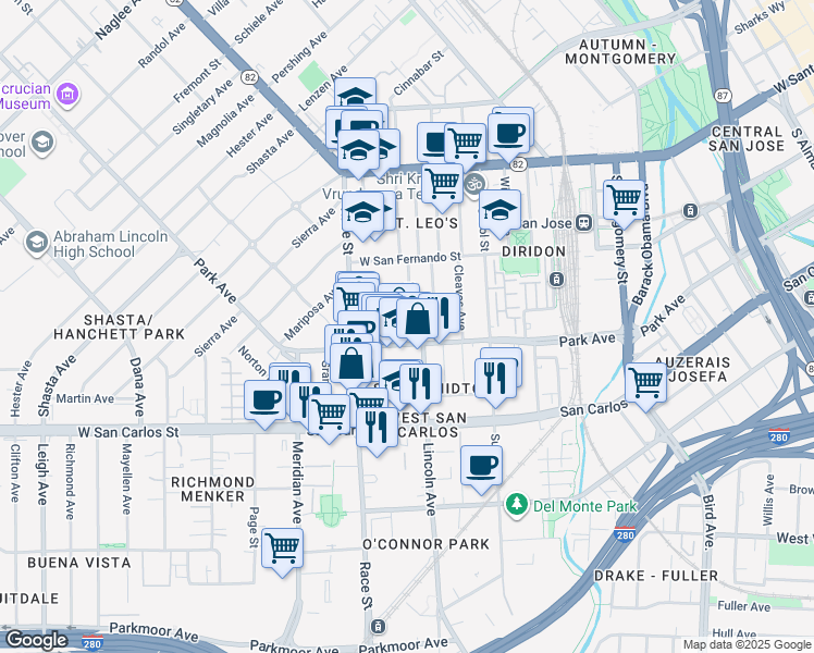 map of restaurants, bars, coffee shops, grocery stores, and more near 1042 Park Avenue in San Jose