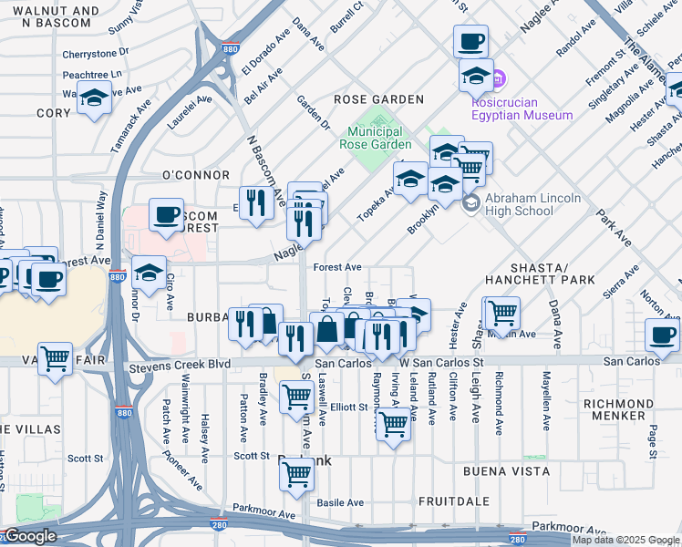 map of restaurants, bars, coffee shops, grocery stores, and more near 148 Topeka Avenue in San Jose