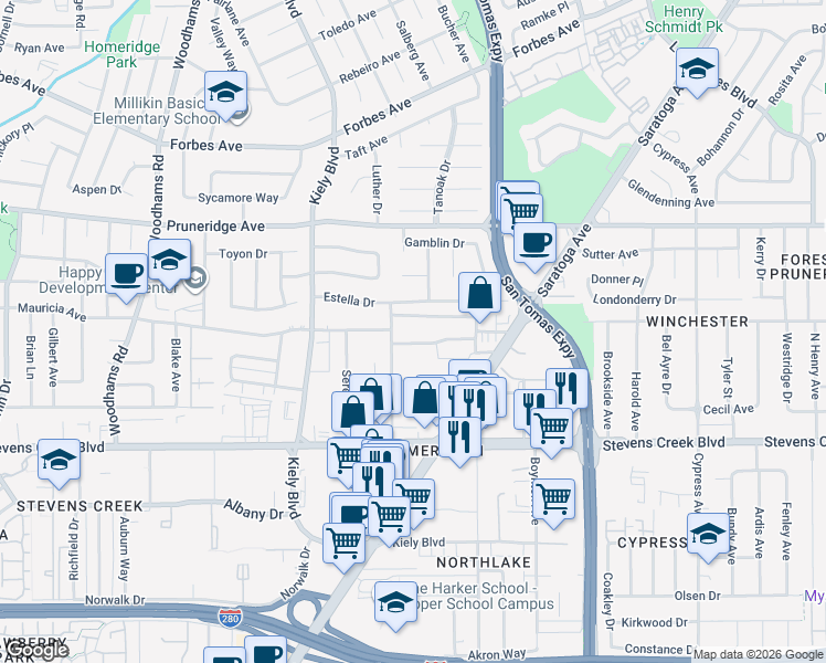 map of restaurants, bars, coffee shops, grocery stores, and more near 18 Buckingham Drive in Santa Clara