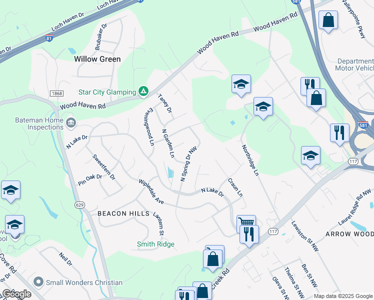 map of restaurants, bars, coffee shops, grocery stores, and more near 5217 North Spring Drive Northwest in Roanoke