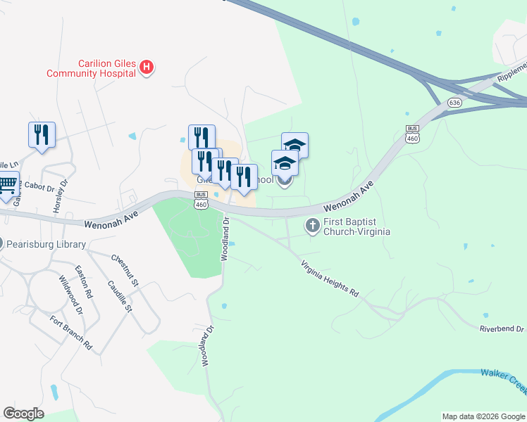 map of restaurants, bars, coffee shops, grocery stores, and more near 1825 Wenonah Avenue in Pearisburg