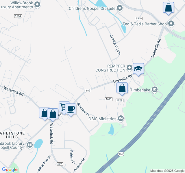 map of restaurants, bars, coffee shops, grocery stores, and more near 19644 Leesville Road in Lynchburg