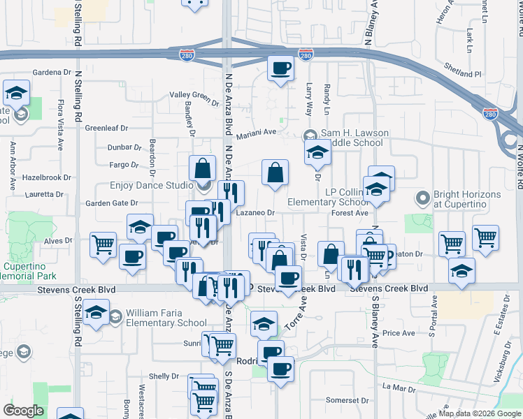 map of restaurants, bars, coffee shops, grocery stores, and more near 10131 Parish Place in Cupertino