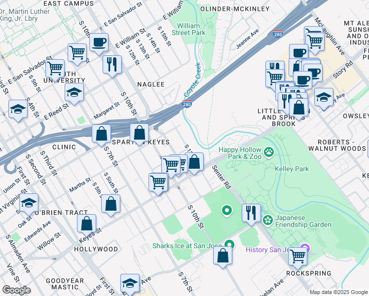 map of restaurants, bars, coffee shops, grocery stores, and more near 951 South 12th Street in San Jose