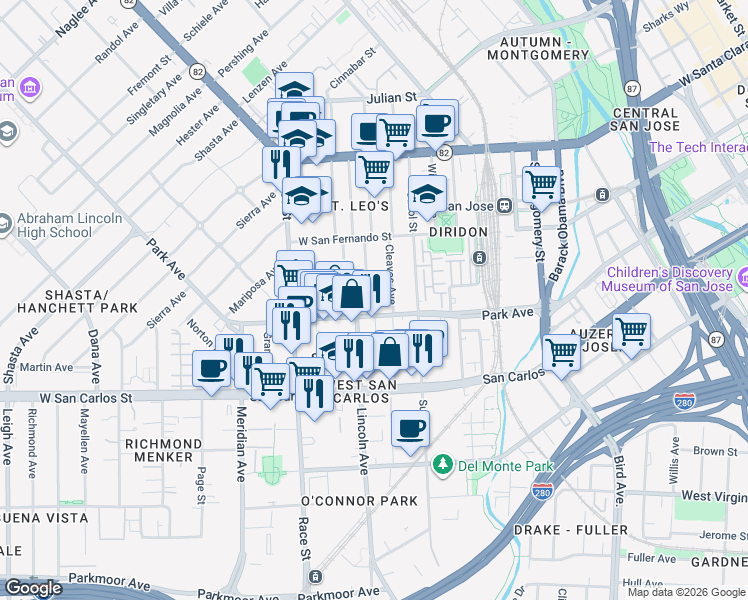 map of restaurants, bars, coffee shops, grocery stores, and more near 188 South Morrison Avenue in San Jose