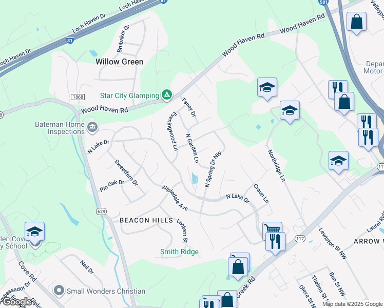 map of restaurants, bars, coffee shops, grocery stores, and more near 5244 North Garden Lane in Roanoke