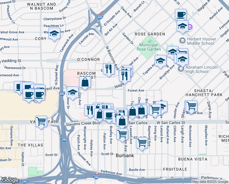 map of restaurants, bars, coffee shops, grocery stores, and more near 2025 Forest Avenue in San Jose