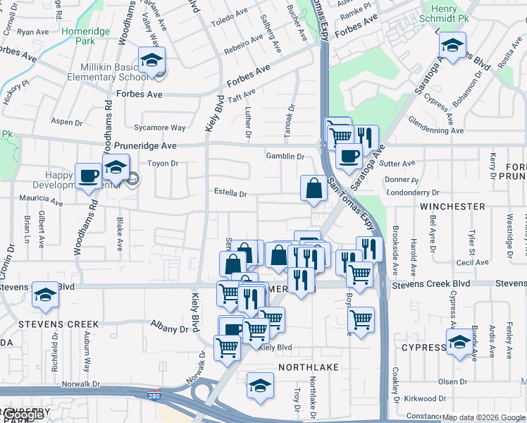 map of restaurants, bars, coffee shops, grocery stores, and more near 151 Buckingham Drive in Santa Clara