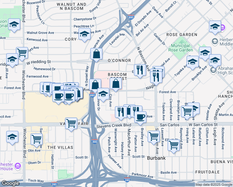 map of restaurants, bars, coffee shops, grocery stores, and more near 2105 Forest Avenue in San Jose
