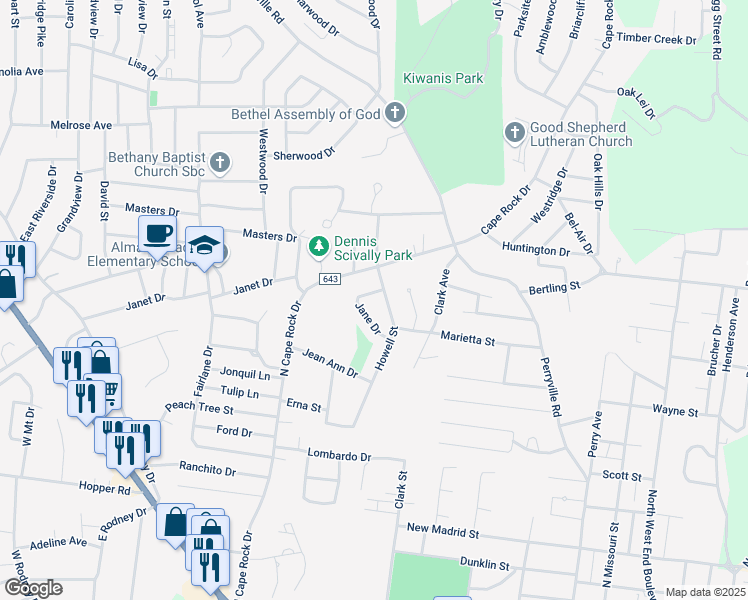 map of restaurants, bars, coffee shops, grocery stores, and more near 1572 Howell Street in Cape Girardeau