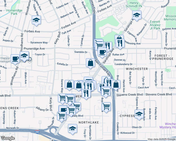 map of restaurants, bars, coffee shops, grocery stores, and more near 150 Saratoga Avenue in Santa Clara