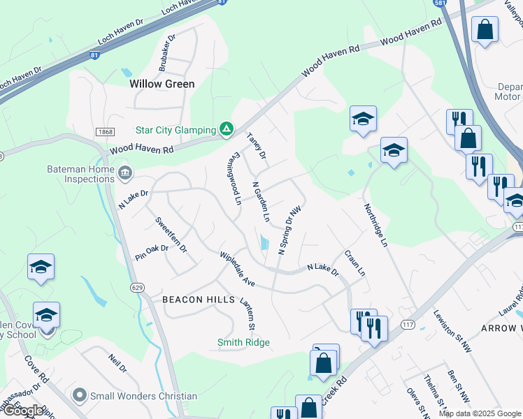 map of restaurants, bars, coffee shops, grocery stores, and more near 5244 North Garden Lane in Roanoke
