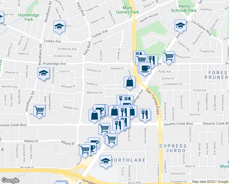 map of restaurants, bars, coffee shops, grocery stores, and more near 121 Buckingham Drive in Santa Clara