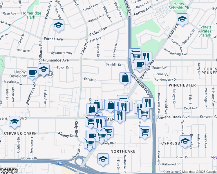 map of restaurants, bars, coffee shops, grocery stores, and more near 151 Buckingham Drive in Santa Clara