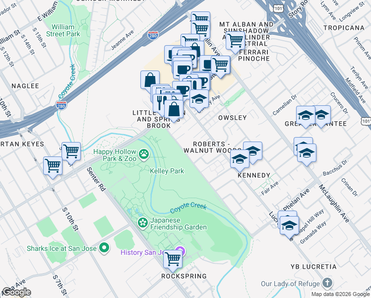 map of restaurants, bars, coffee shops, grocery stores, and more near 1156 Roberts Avenue in San Jose