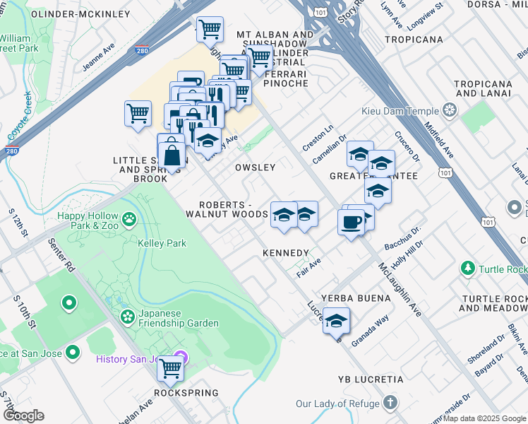 map of restaurants, bars, coffee shops, grocery stores, and more near 1023 Thelma Way in San Jose