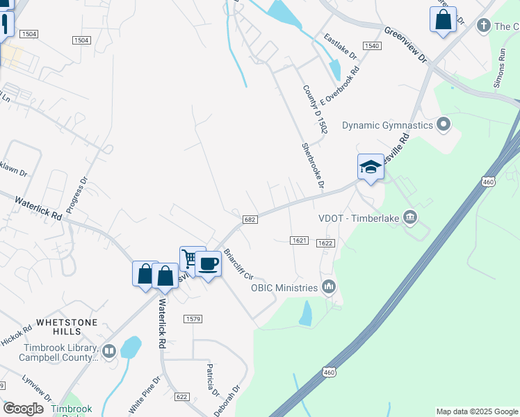 map of restaurants, bars, coffee shops, grocery stores, and more near 54-68 Lynx Drive in Timberlake