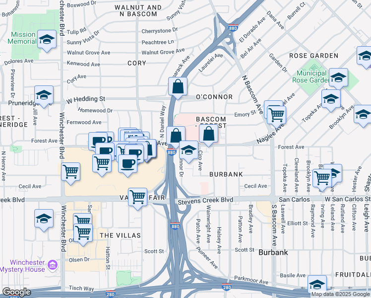 map of restaurants, bars, coffee shops, grocery stores, and more near 2143-2299 Forest Ave in San Jose