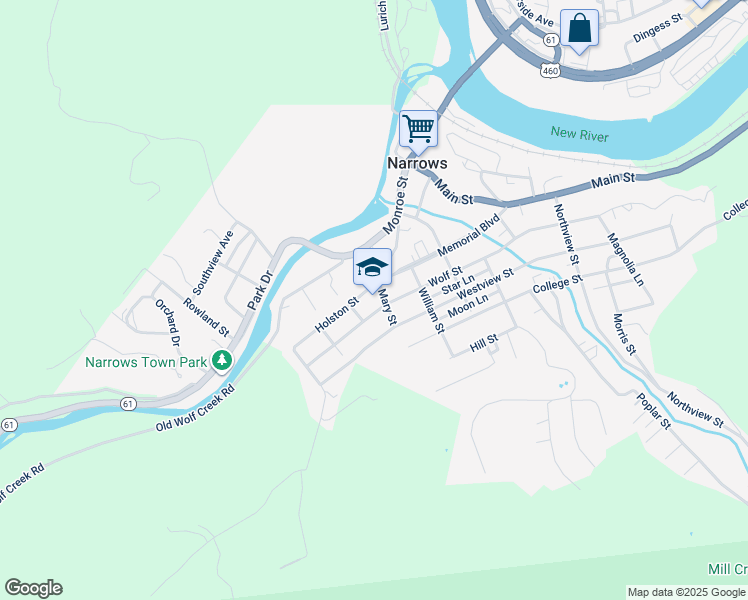 map of restaurants, bars, coffee shops, grocery stores, and more near 401 Wolf Street in Narrows