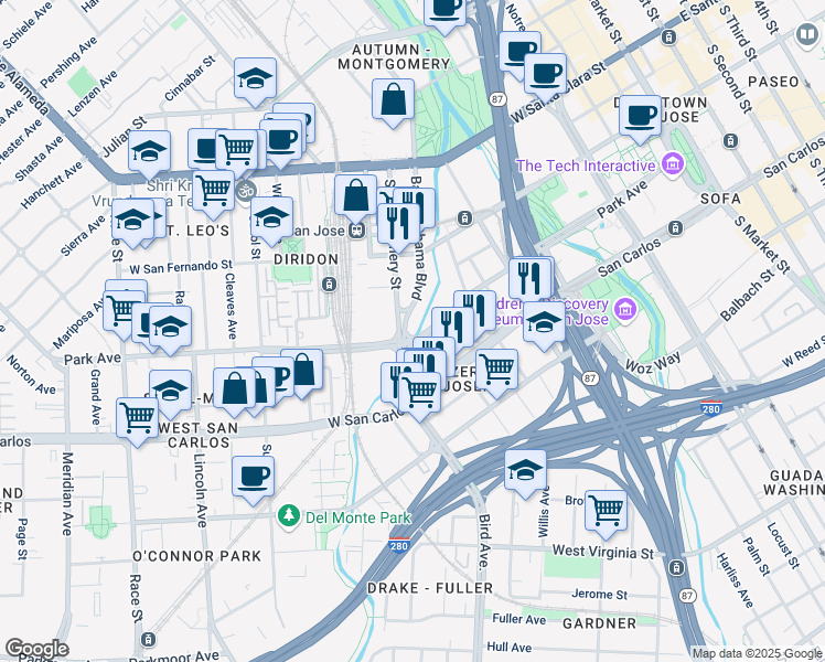 map of restaurants, bars, coffee shops, grocery stores, and more near 911 South Autumn Street in San Jose