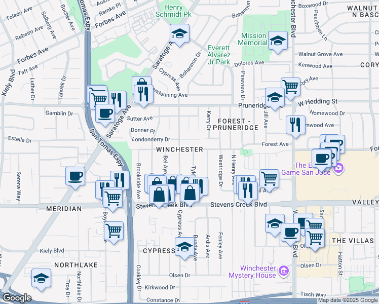 map of restaurants, bars, coffee shops, grocery stores, and more near 3430 Forest Avenue in Santa Clara