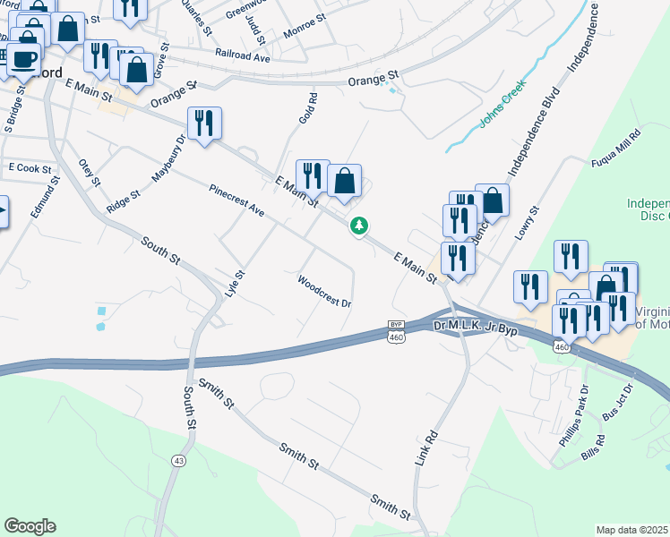 map of restaurants, bars, coffee shops, grocery stores, and more near 1103 Pinecrest Ave in Bedford