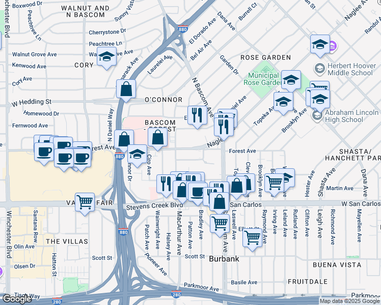 map of restaurants, bars, coffee shops, grocery stores, and more near 2063 Forest Avenue in San Jose