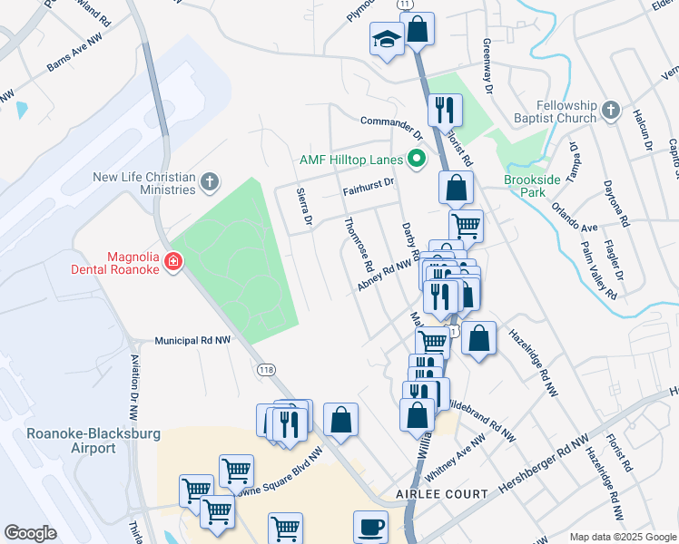 map of restaurants, bars, coffee shops, grocery stores, and more near 5728 Littleton Road in Roanoke