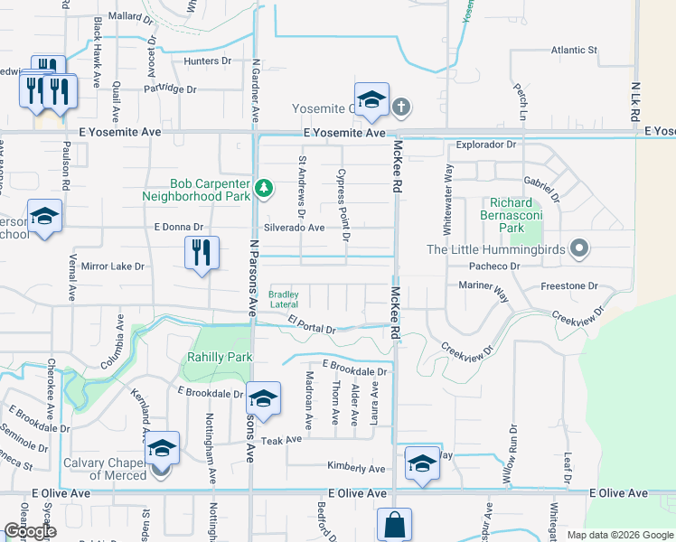 map of restaurants, bars, coffee shops, grocery stores, and more near 3429 Cypress Point Drive in Merced