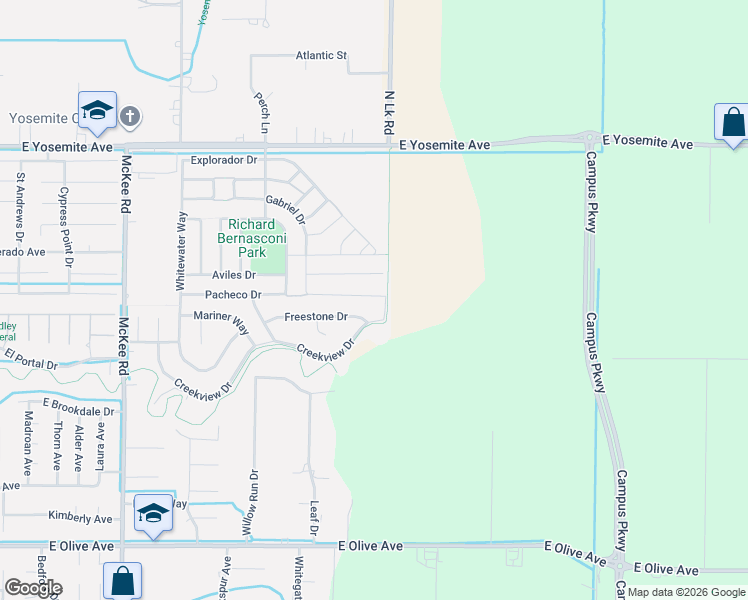 map of restaurants, bars, coffee shops, grocery stores, and more near 2479 Bastidas Drive in Merced