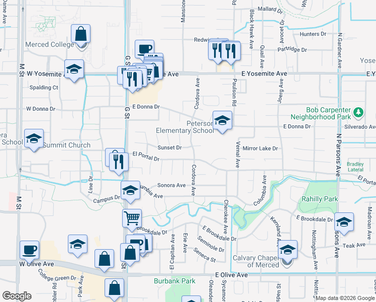 map of restaurants, bars, coffee shops, grocery stores, and more near 562 Sunset Drive in Merced